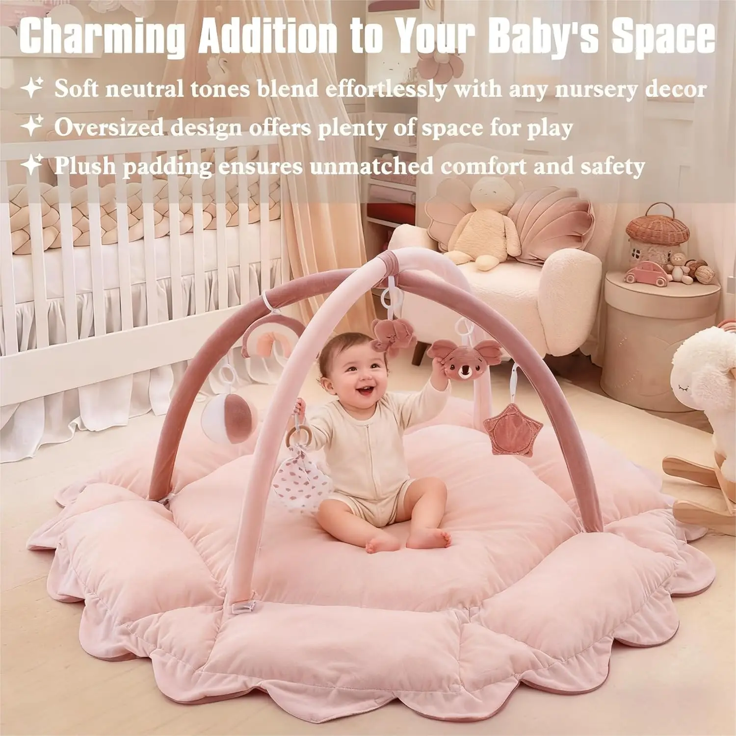 Pluszowy gimnastyczny domek dla niemowląt 5 w 1 z konwertowalną matą, 6 zabawkami sensorycznymi dla noworodków i małych dzieci, w kolorze różowym.