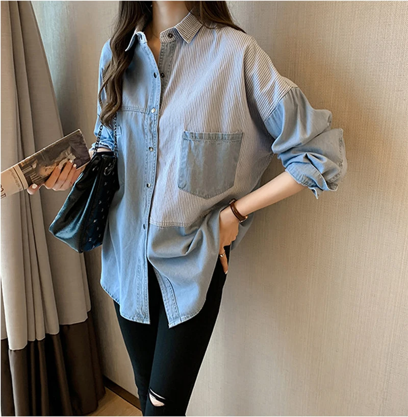 Korean Spring Autumn Loose Female Clothing Striped  Denim Shirt Fashion Turn-down Collar Button Pockets Long Sleeve Mid Blouses