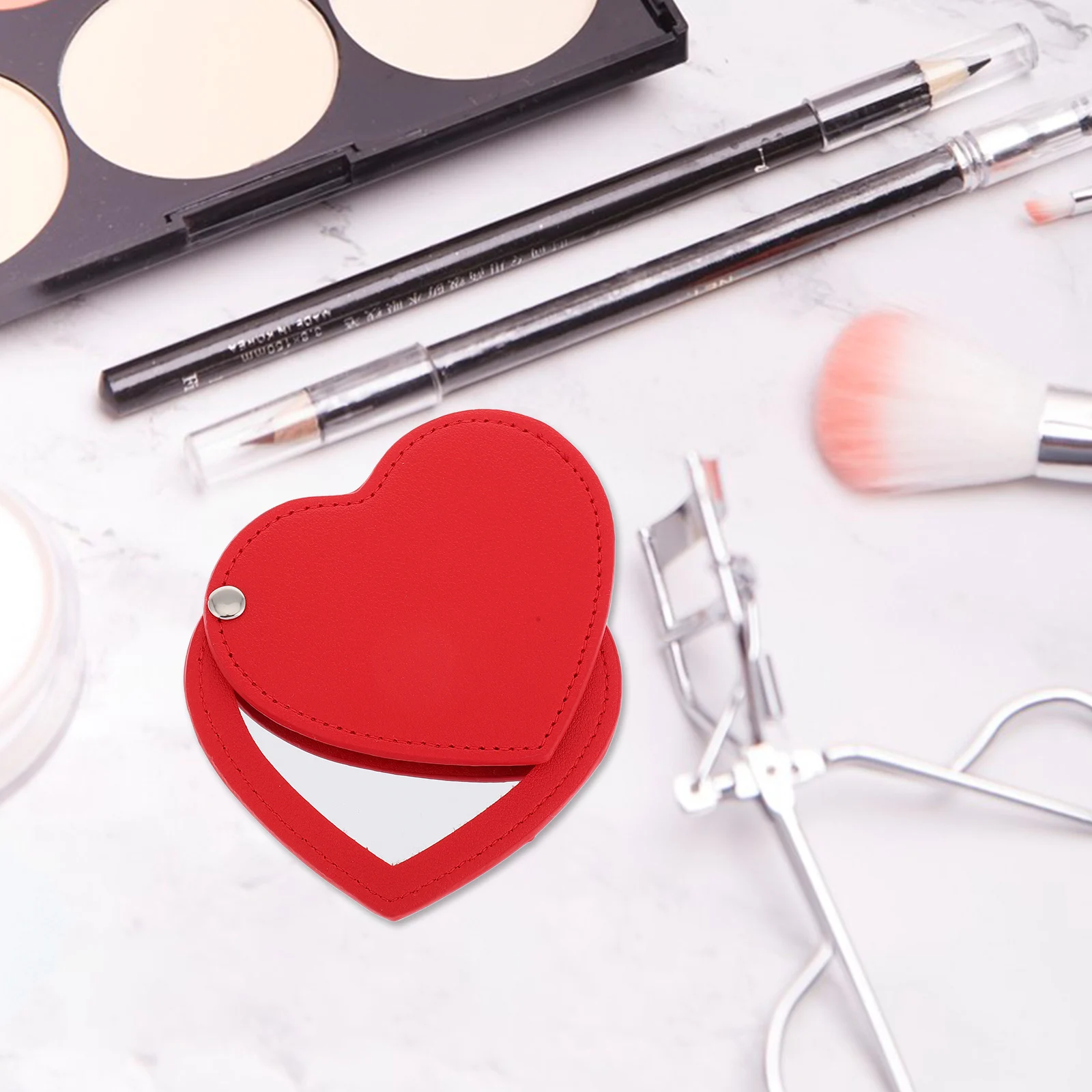 

Cute Heart Shaped Portable Makeup Mini Compact Travel Pu Cover Pocket Size Women Girls Purse Rotatable Small
