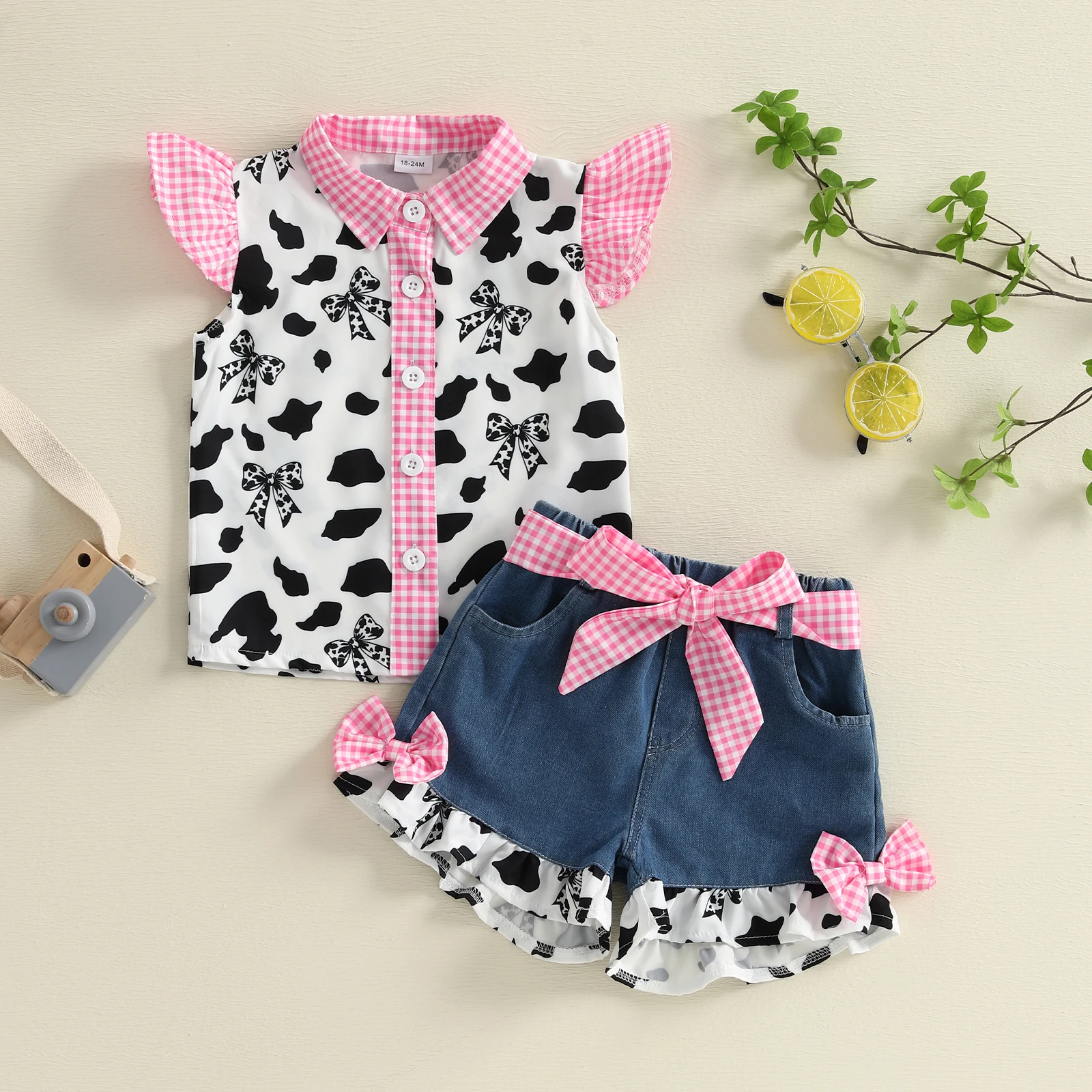 

1-6Y Toddler Little Girl Summer Cow Outfit Fly Sleeve Button-up Shirts Denim Ruffle Shorts with Belt 3 Pcs Summer Sets