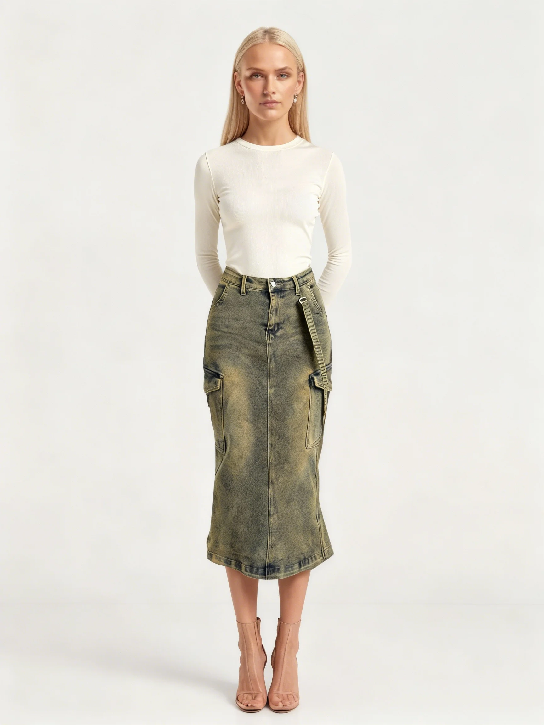 Vintage Washed Denim Cargo Midi Skirt for Women High Waist Straight Fit Streetwear Utility Pocket Skirt Casual Fashion Bottom