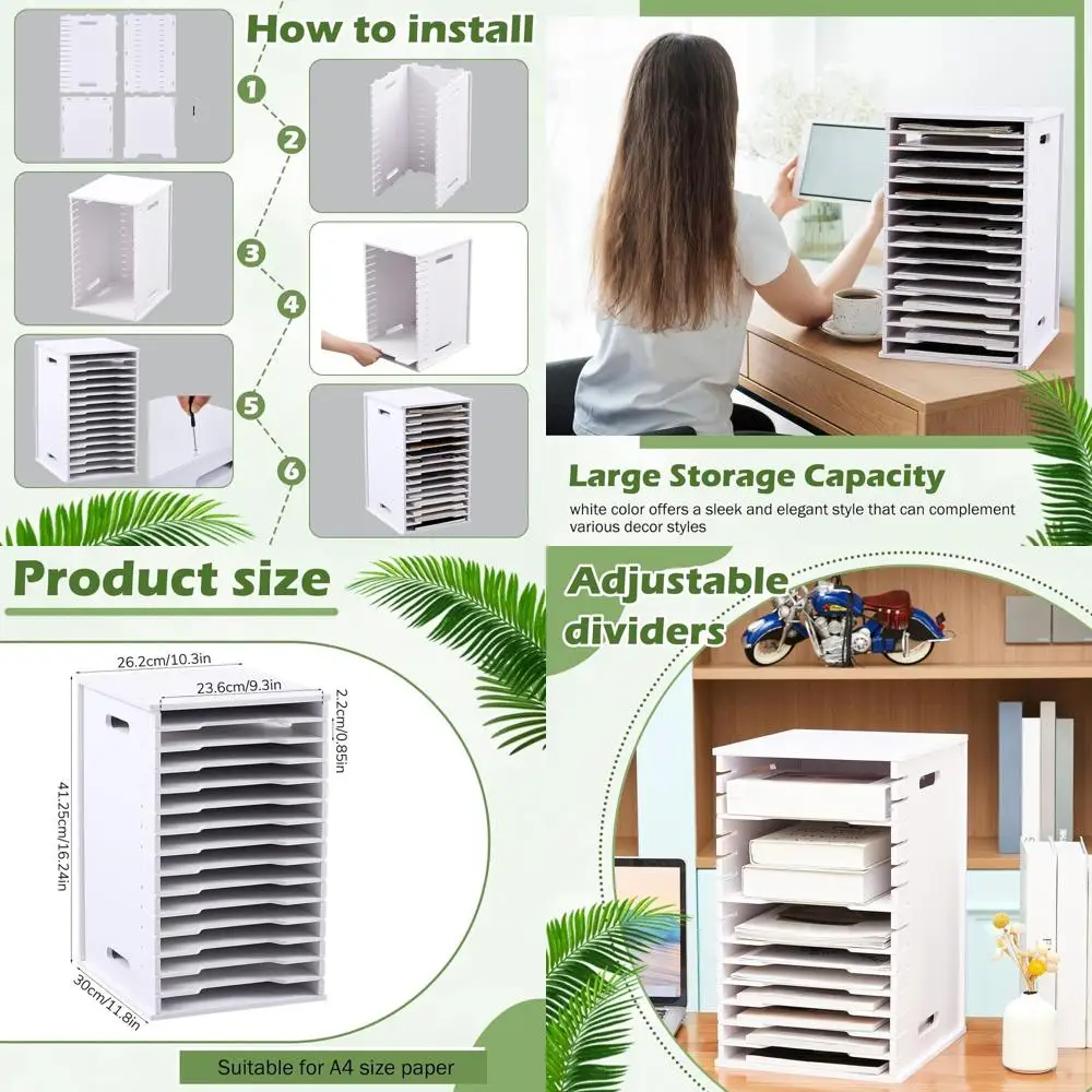 

Stackable 15-Tier White Cardstock Scrapbook Paper Organizer with Adjustable Shelves for Desk and Home Office Storage