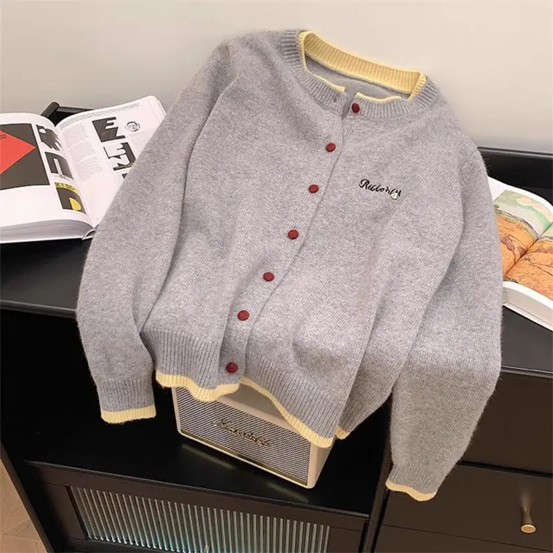 

Retro Color Blo Knitwear Jaet Casual Soft Cozy Women's Sle Autumn Faion Design Open Cardigan Long Sve round Ne