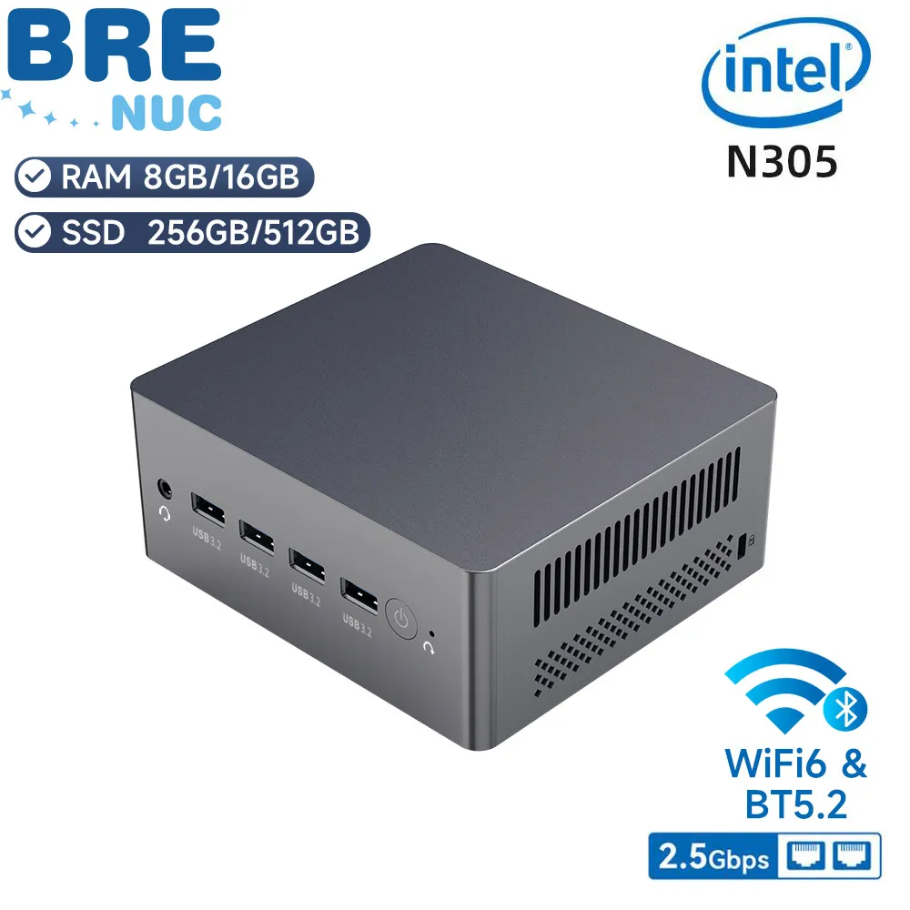 BRENUC N9N PRO Мини-ПК Intel i3-N305 Процессор Intel UHD Графика 8 ГБ ОЗУ 256 ГБ SSD Win11 Pro WiFi6 BT5.2 Двойной 2,5 ГБ LAN USB3.2 x 4