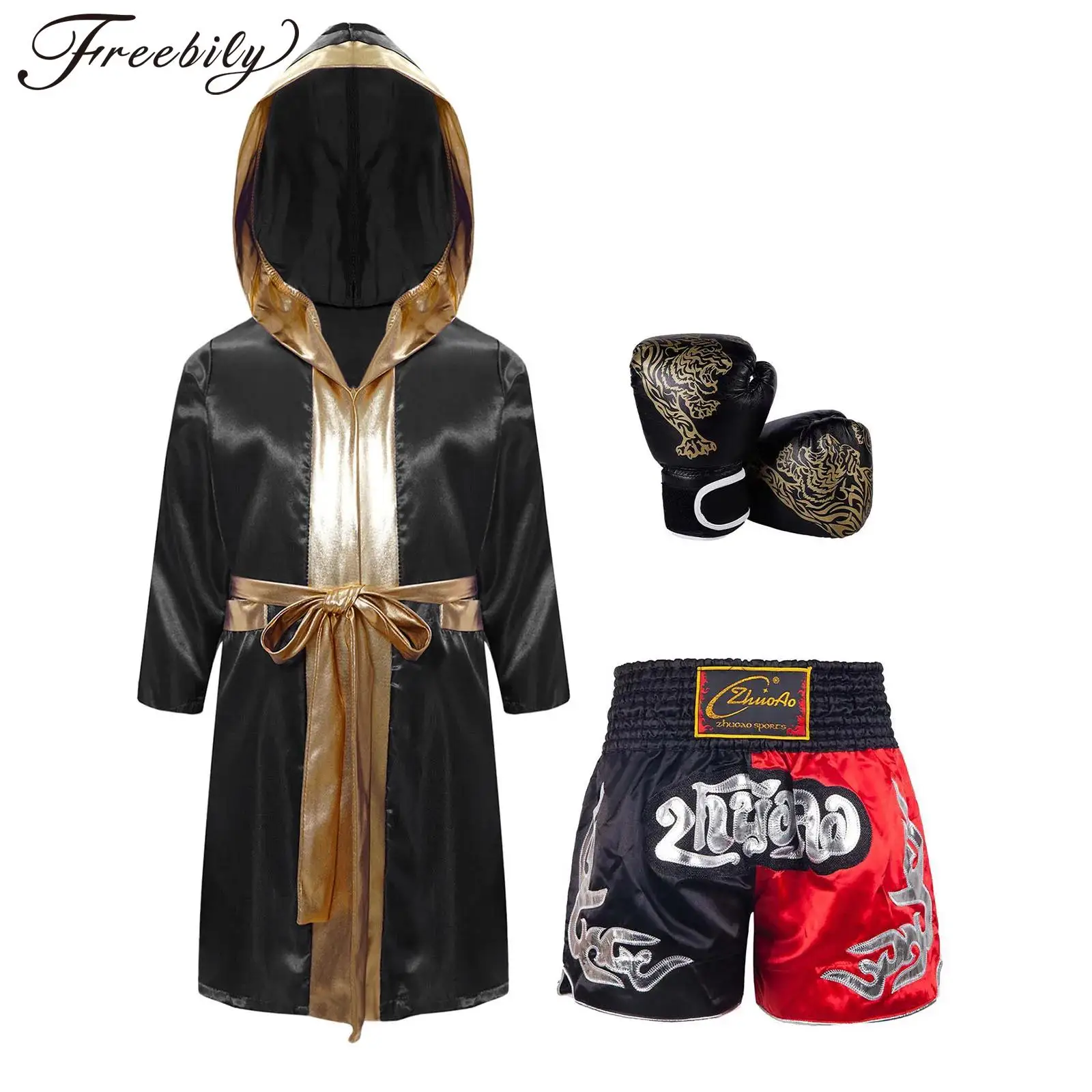 

Kid Boy Boxing Robe Costume Metallic Satin Hooded Boxer Uniform Cloak Gold Kickboxing Robe Gown Halloween Cosplay Party Dress Up
