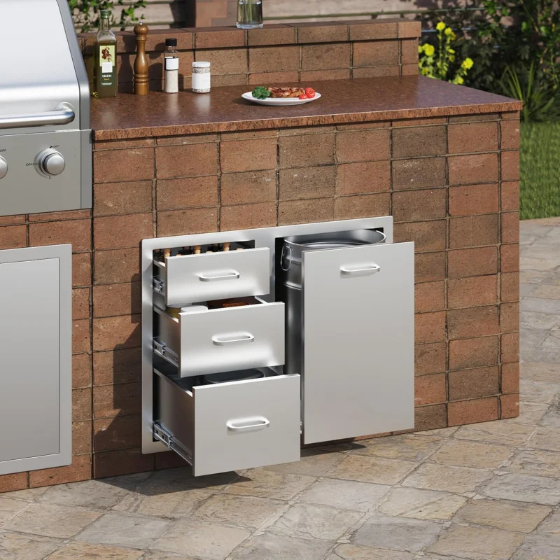 

29.5 Outdoor Kitchen Stainless Steel Cabinet Combo, Access Door & Triple Drawers Design, Propane Drawer with Garbage Ring, Heav