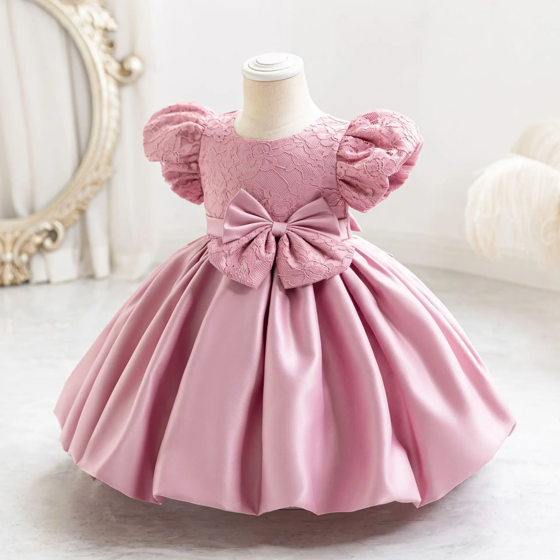 Baby Toddler Puff Sleeves Appliqued Flower Girls Birthday Party Pageant Toddler Formal Dress TT103