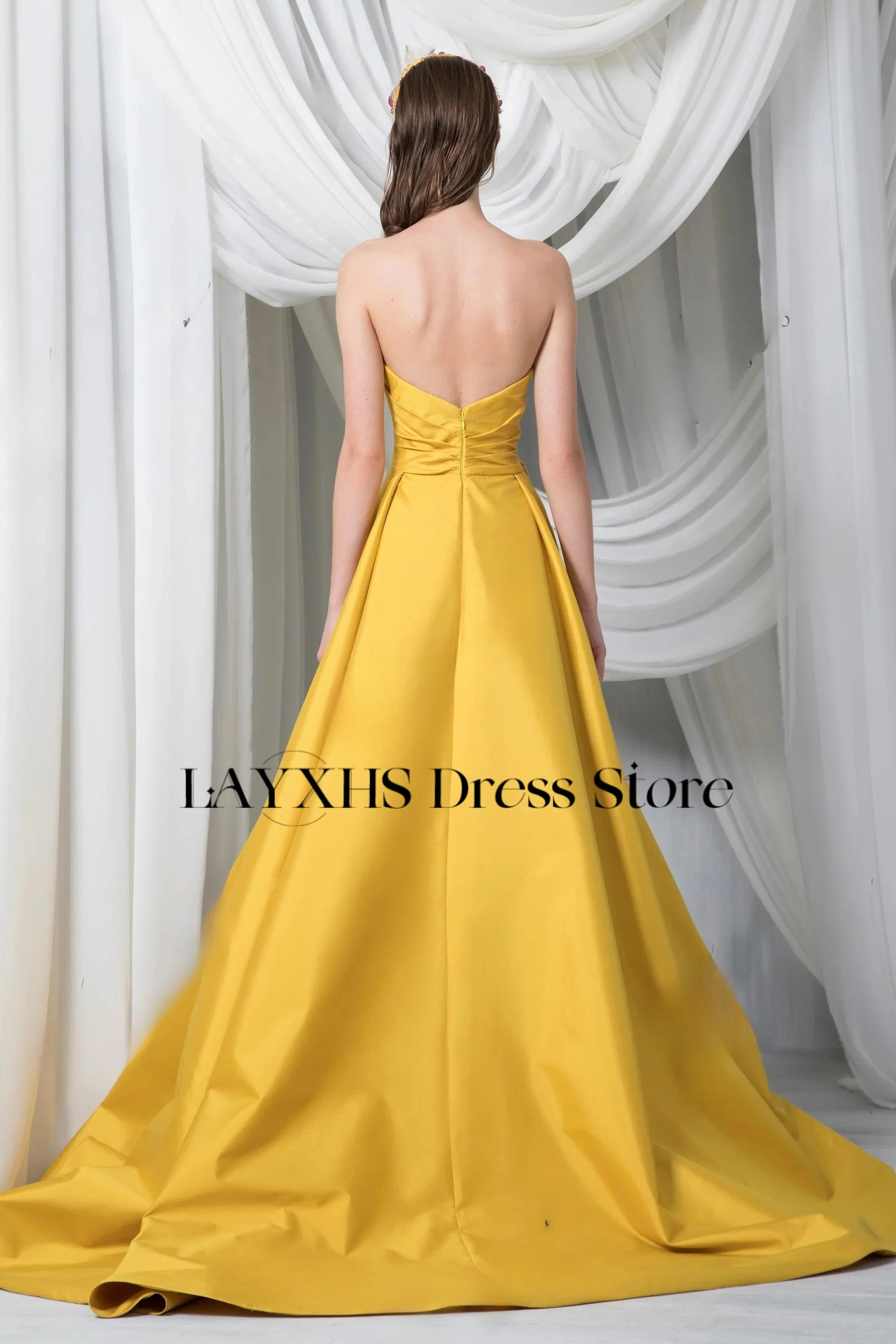 Sukienki wieczorowe LAYXHS Simple Sweetheart Żółte Sukienki na studniówkę w kształcie litery A z rozcięciem bocznym, plisami i zamkiem błyskawicznym, szyte na miarę فساتين سهرة