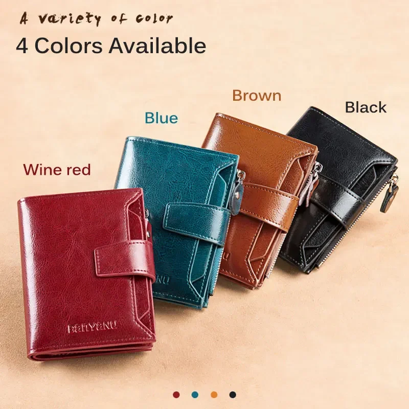 Genuine Leather Women Three Fold Wallet RFID Blocking Card Holders Short Female Zipper Coin Purse Multi Function Money Clip