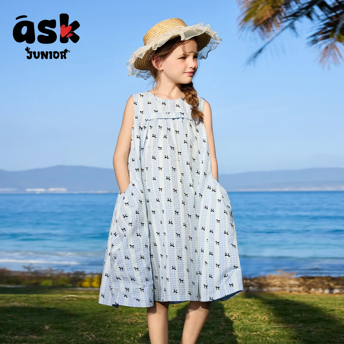 فستان بناتي صيفي بفيونكة منقوشة باللون الأزرق بطباعة متباينة #3