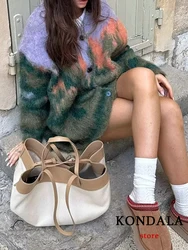 KONDALA Contrast Color Mohair Cardigan Women Loose Long Sleeve Single Breasted Knitted Pullover 2023 Autumn Chic Lady Sweaters