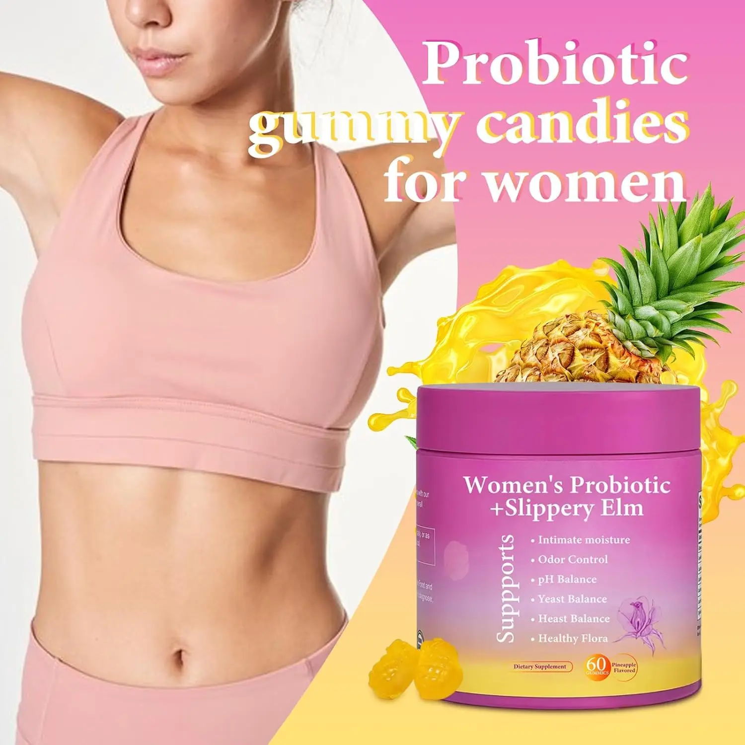 

2 Bottle Feminine Probiotics Gummies for Women - Supports pH Balance, Gut Health & Immune System with Slippery Elm 60 Gummies