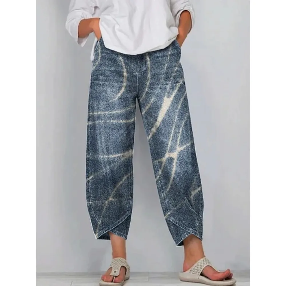 Kurze Harem-Capri-Hose mit abstraktem geometrischem Aufdruck für Damen, Baumwolle, lockere Passform, Tulpen-Wickelhose, knöchellange Freizeithose, XXS-4XL – Detail 17