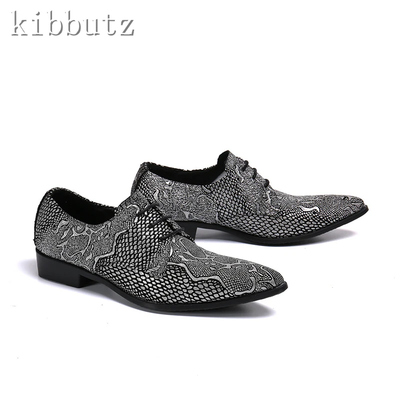 

Snake Skin Print Real Leather Men Oxfords Pointed Toe Lace Up Business Shoes High Heel Party Formal Dress Shoes for Male