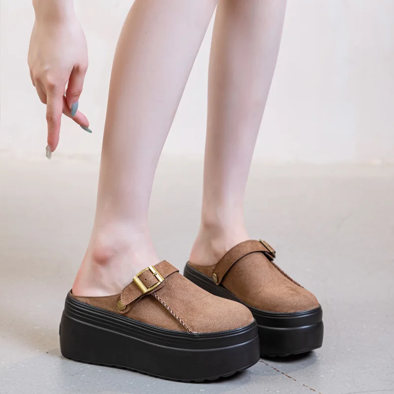 8cm Boken Shoes Women's Anti slip 2026 New Genuine Leather Women's Slippers Thick Sole External Wearing Half Slippers Women's