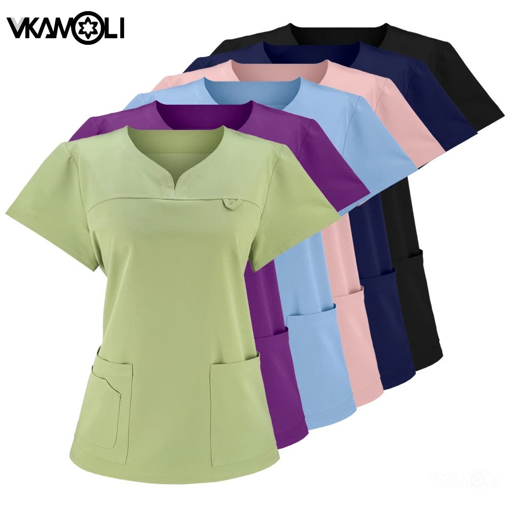 Slim fitting elasticity nurse scrubs tops dentistry doctor lab spa uniform surgical Scrub shirt for woman pharmacy pet hospital