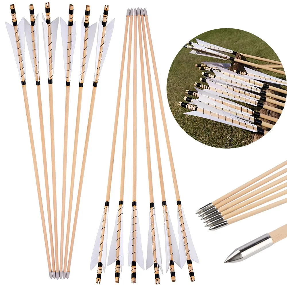 

6/12pc 8mm Wooden Arrows Archery 32 Inch Arrow Stainless Steel Fixed Arrowhead Traditional Longbow Shooting Recurve Bow Hunting
