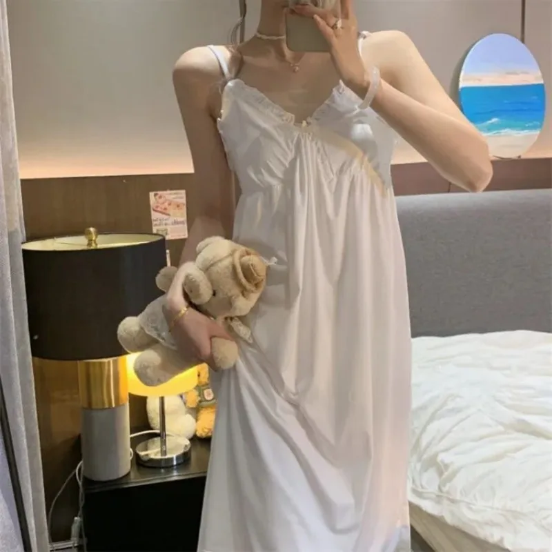 Summer Nightgowns Women Sweet Casual Sleepwear Tender Korean Style Sleeveless Clothes Fashion Home Soft Classic Students Daily