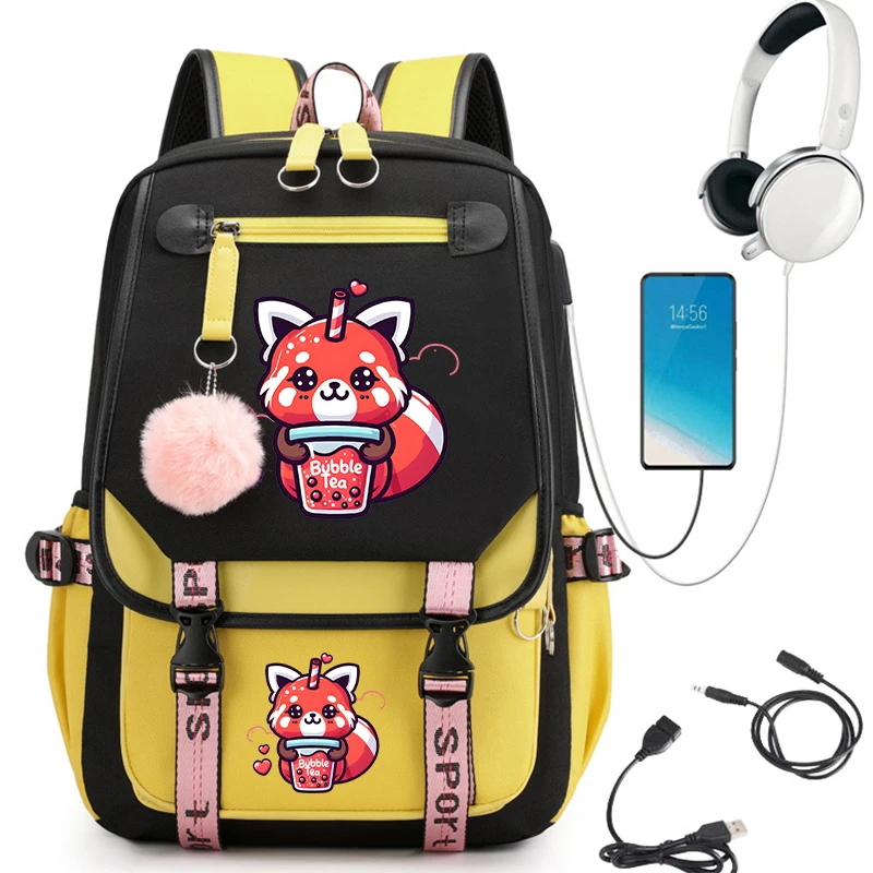 Mochila dos desenhos animados para meninas, Bookbag impermeável do anime, Daypack USB, amor animal, chá da bolha, Schoolbag para crianças