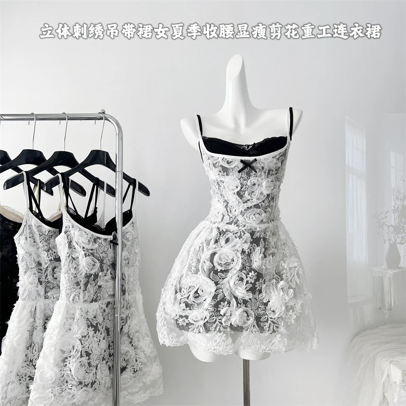 Women's White A-line Lace Dress Vintage Sleeveless Mini Dresses Y2k Elegant One Piece Frocks 2000s Cutecore Clothes Summer 2024