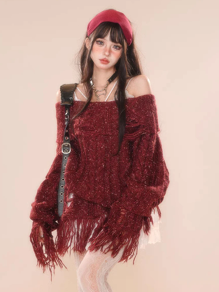 RORORIRI Glitter Tassels Women Cable Knit Sweater Ripped Hole Long Sleeves One-shoulder Pullover Jumper Top Lounge Retro Clothes