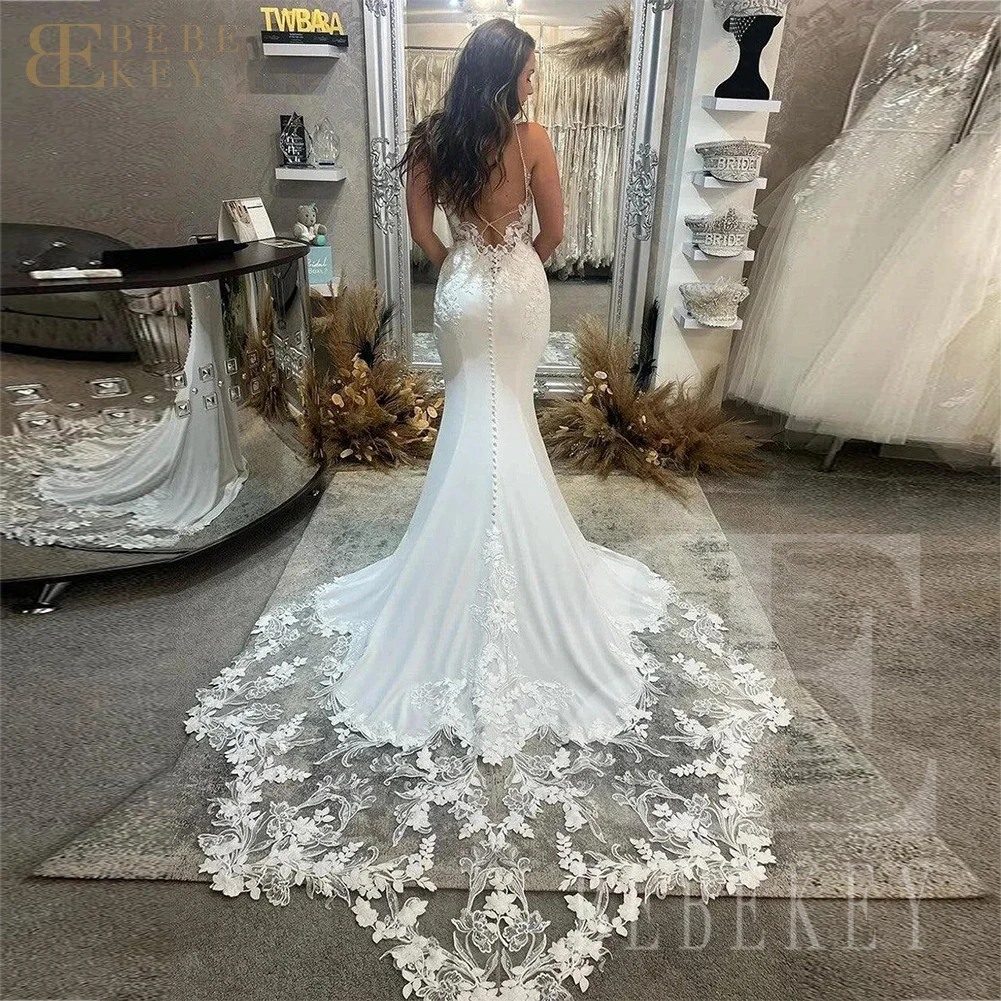 BEBEKEY فستان زفاف مثير مخصص من الدانتيل أشرطة سباغيتي حورية البحر لحفلات الزفاف بدون ظهر فساتين زفاف فساتين رسمية رداء