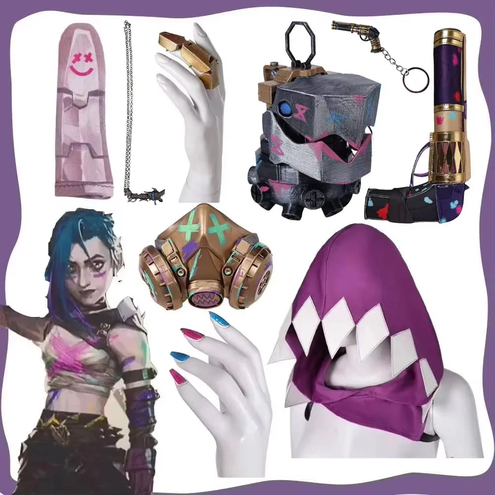 

Маскировка Jinx, чехлы на палец, маска с капюшоном для косплея, ожерелье с пистолетом, брелок для ключей, игра LOL Arcane, аксессуары для костюмов, женский реквизит на Хэллоуин