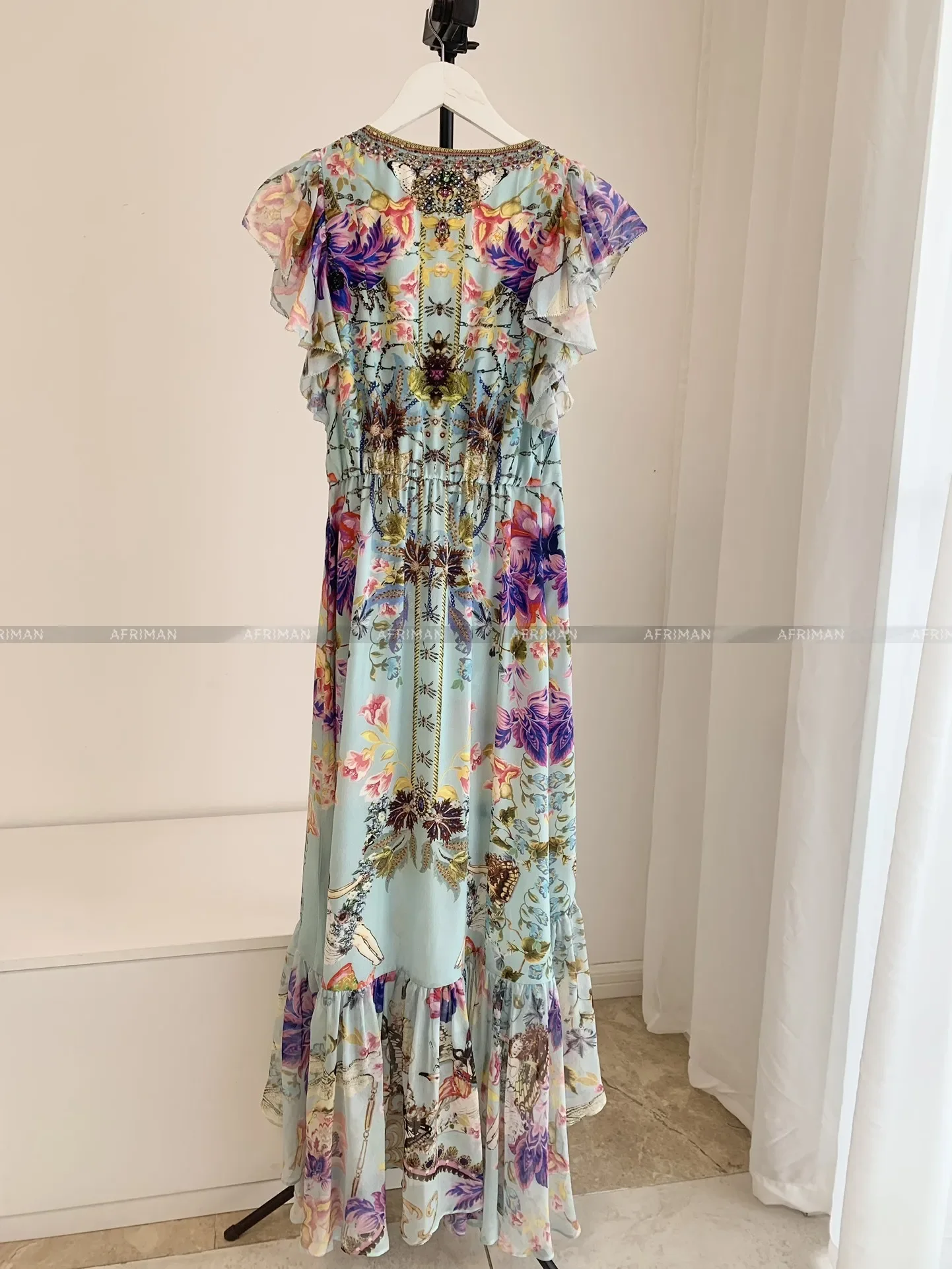 Women V Neck Crystal Beaded Ruffles Sleeve Flower Print 100% Silk Irregular Dress