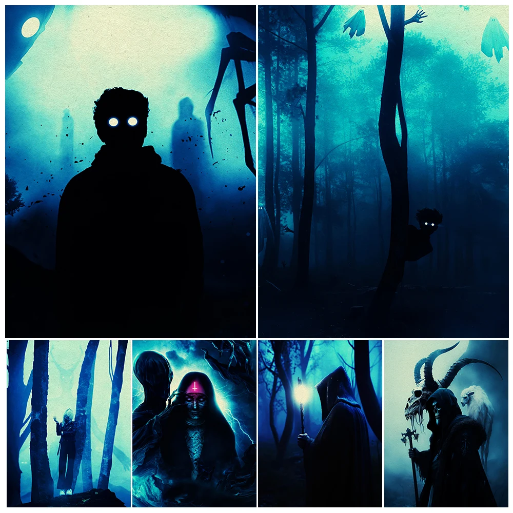 Shaman Wizards & Demons In The Jungle Vintage Wall Art Canvas Print Ghosts Playing Hide And Seek In The Forest Art Poster Print