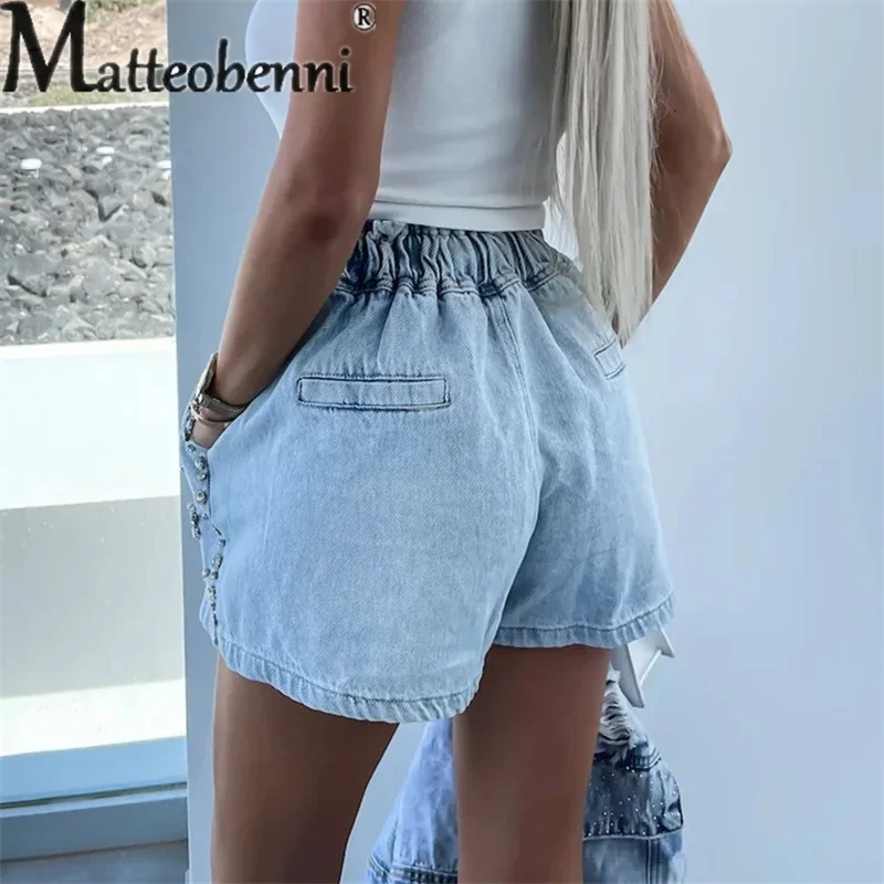 Fashion Splicing Diamond Decorative Denim Shorts Female Daily Casual Loose Waist Drawstring Three Quarter Pants Women's Jeans