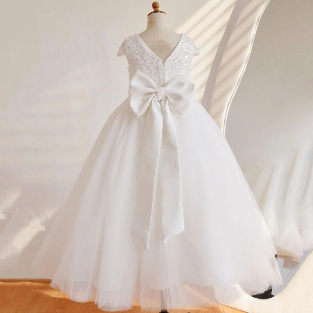 Customized Flower Girl Dresses White Tulle Sequin Appliques With Bow For Wedding Birthday Party Prom Holy Communion Banquet Gown