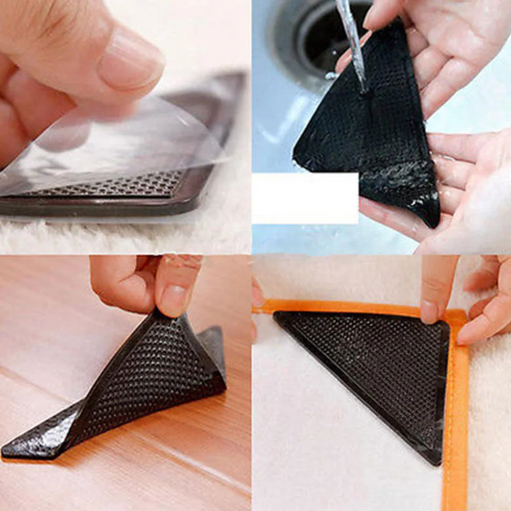 4pcs Rubber Triangle Shape Mat Grippers Washable Pads Non Slip Reusable Rug Fixation Carpet Living Room Bath Home Practical