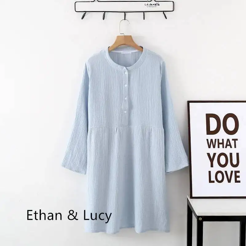 

Весенне-осенняя женская хлопковая пряжа, стираная текстура, креп-марлевая рубашка с круглым вырезом и пуговицами, домашняя одежда с длинными рукавами, ночная рубашка