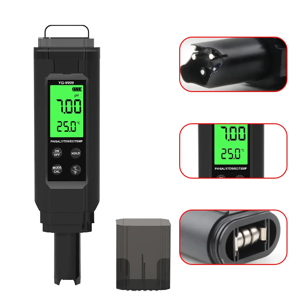 قلم اختبار المياه المحمول متعدد المعلمات عالي الوضوح مع وظائف لقياس مستوى الرقم الهيدروجيني والملوحة بدقة