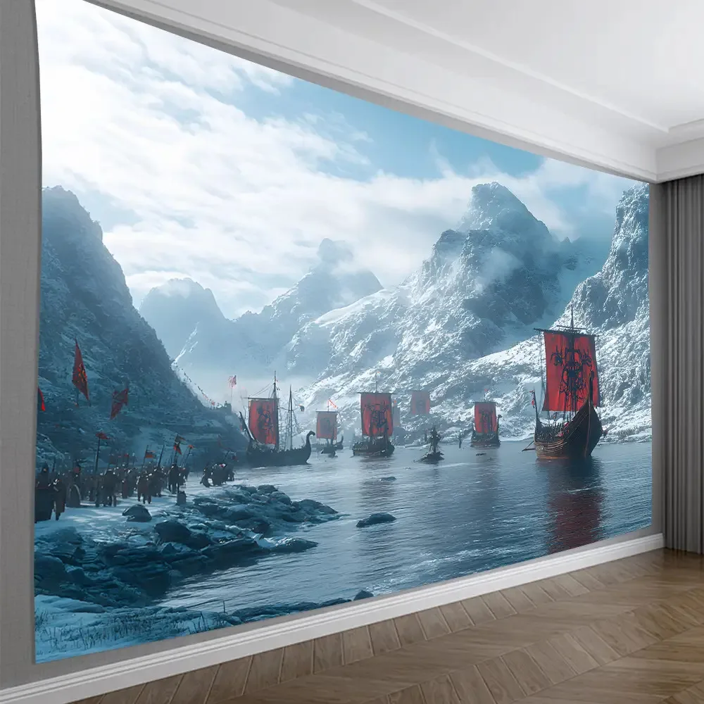 Huge Tapestry 150x300cm Epic Fantasy Maritime Scene Sailing Ships in Dramatic Misty Fjords Wall Hanging Decor