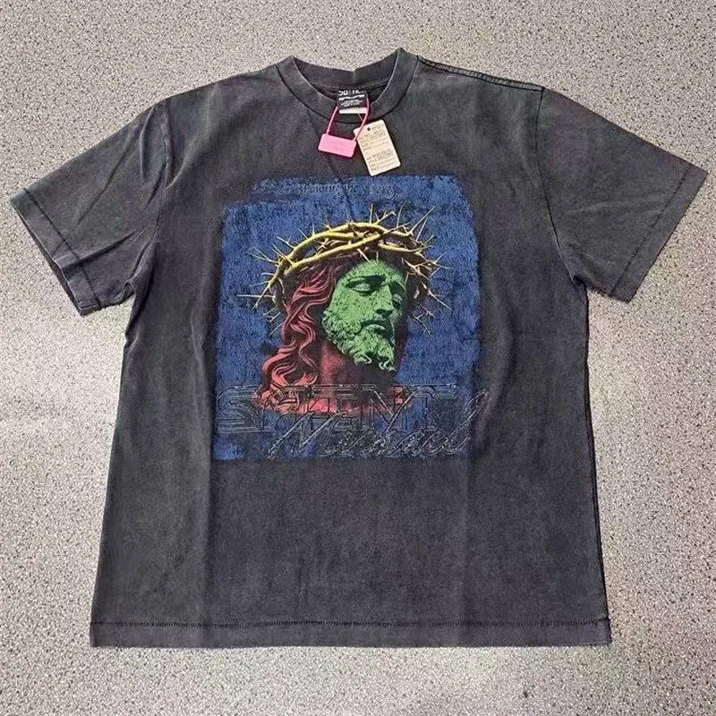 

25ss Hip Hop Fashion Oversized T-Shirt Saint Best Quality Pattern Printed Cotton T Shirt Vintage Washed Black T-Shirt Men Women