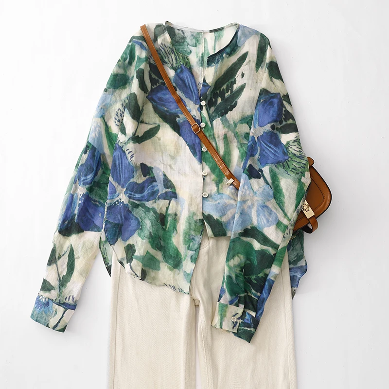 

Свободная женская кофта больших размеров с принтом, длинным рукавом и V-образным вырезом, весна-осень, новинка, защита от солнца, верхняя одежда