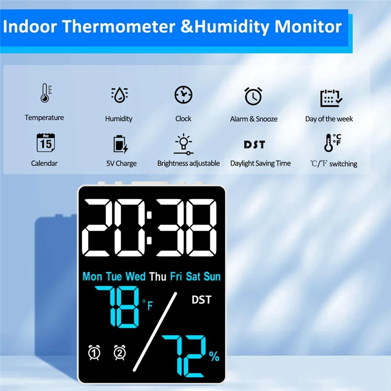 AB53 Digital Room Thermometer Hygrometer Alarm Clock For Desk, Indoor Humidity And Temperature Measurement With LED Display