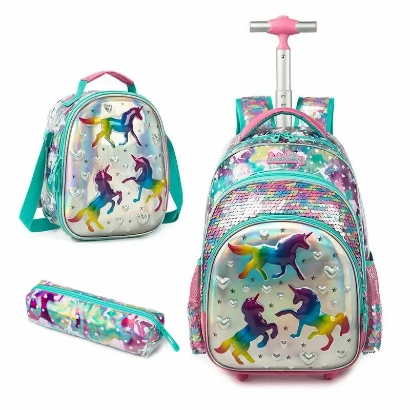 Primary School Backpack for Girls Set School Bags for Elementary Student Boys Sequin Backpack Travel Luggage Trolley Bags