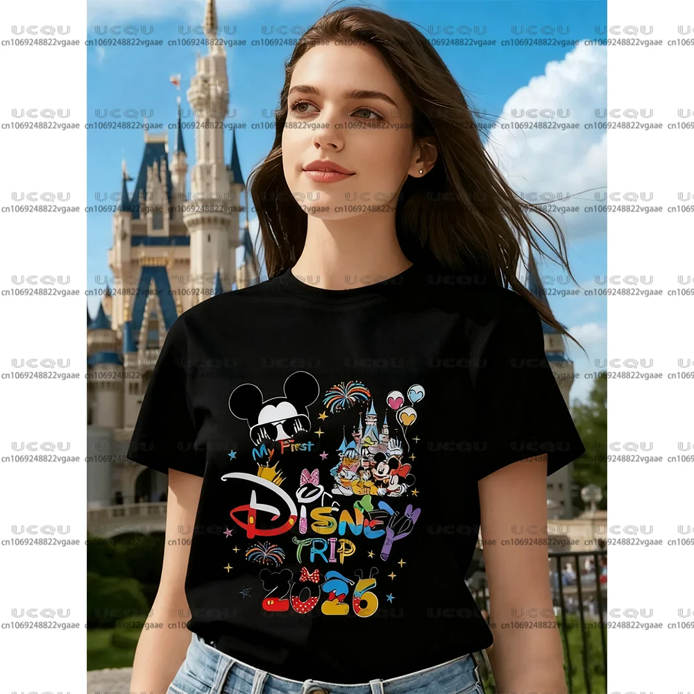 ديزني Y2k ملابس النساء الأسرة عطلة هدية زوجين ديزني لاند الفتيات تي شيرت المحملة 2026 القطن ميكي السنة الجديدة عيد الميلاد رحلة علوية #1