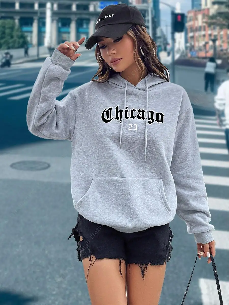 CHICAGO 23 Letter Hoodies Women's Hooded Sweatshirt Pullover Spring Autumn Top Aesthetic Y2K Street Sport Clothing Woman Hoody
