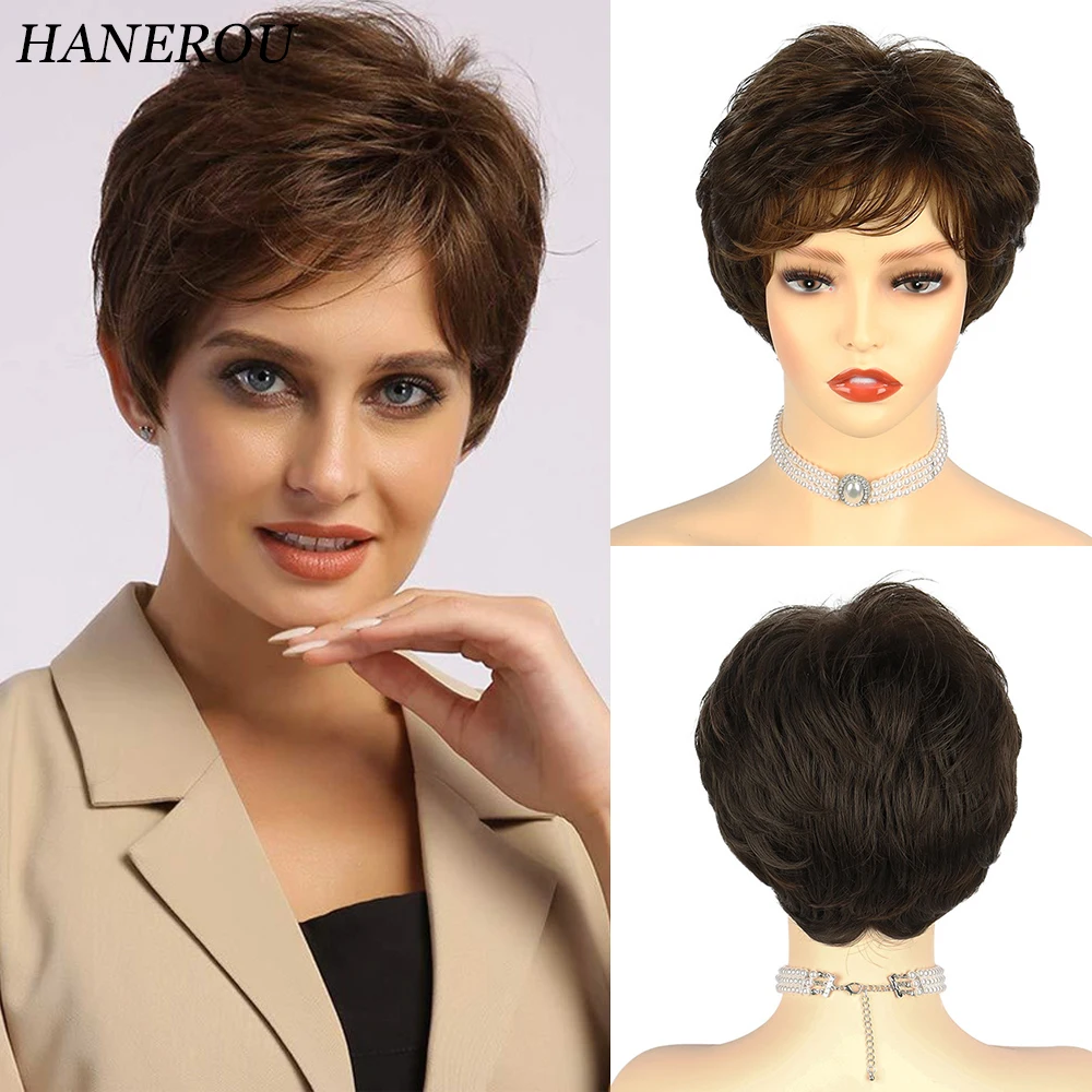 

HANEROU Pixie Cut Synthetic Short Wigs Brown Straight Women Natural Hair Wig Heat Resistant for Daily Party Cosplay