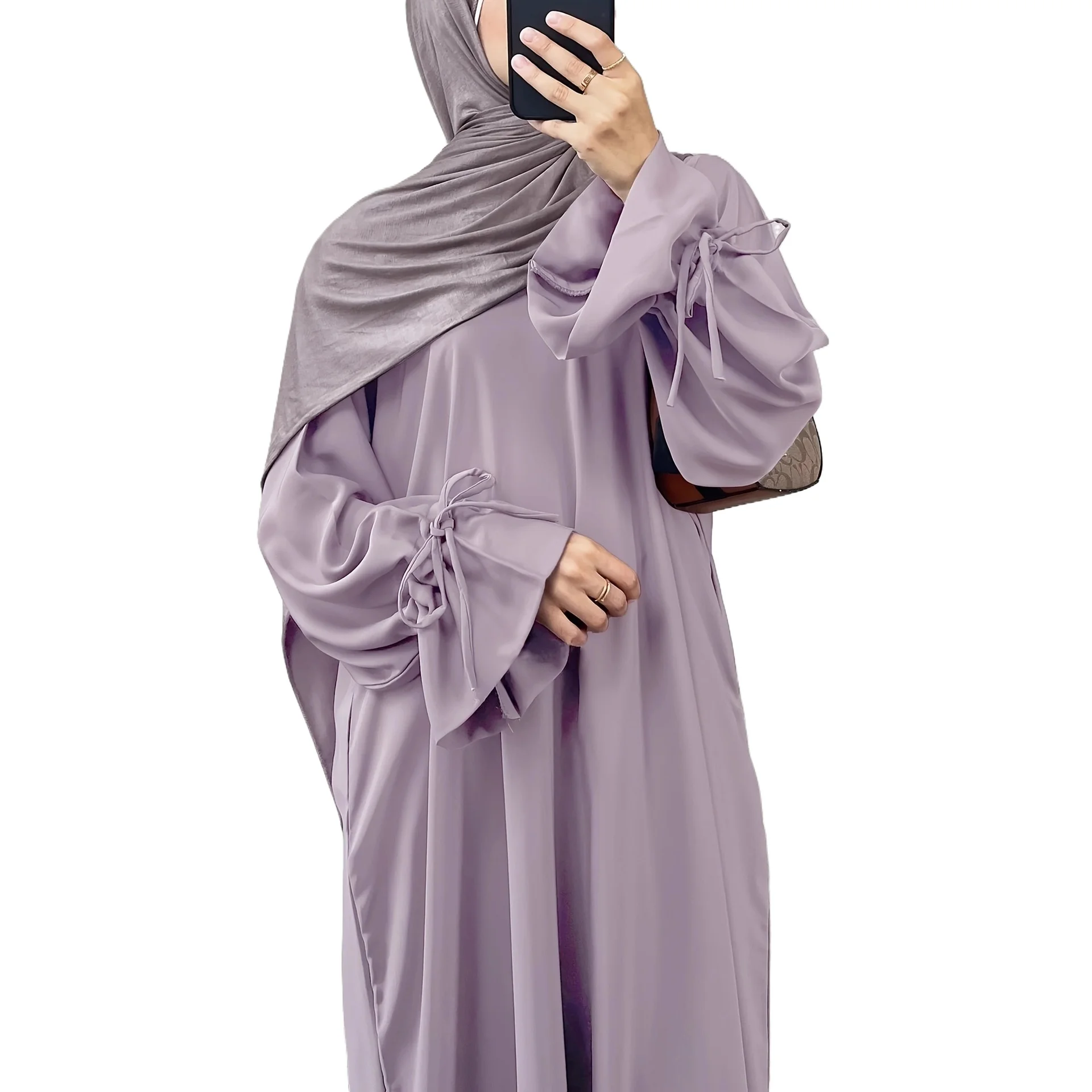 

2026 new women's solid color series cuff tied bow long sleeved robe cardigan without headscarf