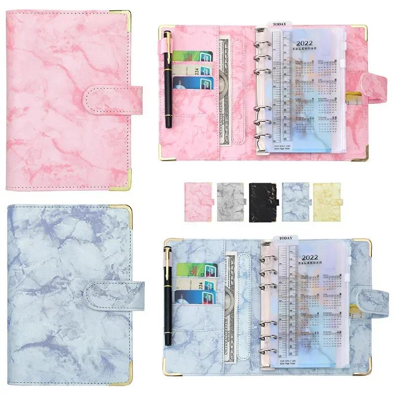 A6 PU Leather Marble Notebook Binder Budget Planner Money Organizer for Cash Savings with 12 Zipper Envelope Pockets Stickers