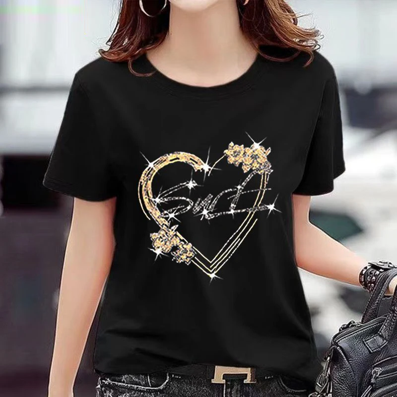 Odzież damska letnia koreańska moda Rhinestone czarne t-shirts z krótkim rękawem damskie Casual O dekolt z krótkim rękawem luźny, w stylu Basic topy