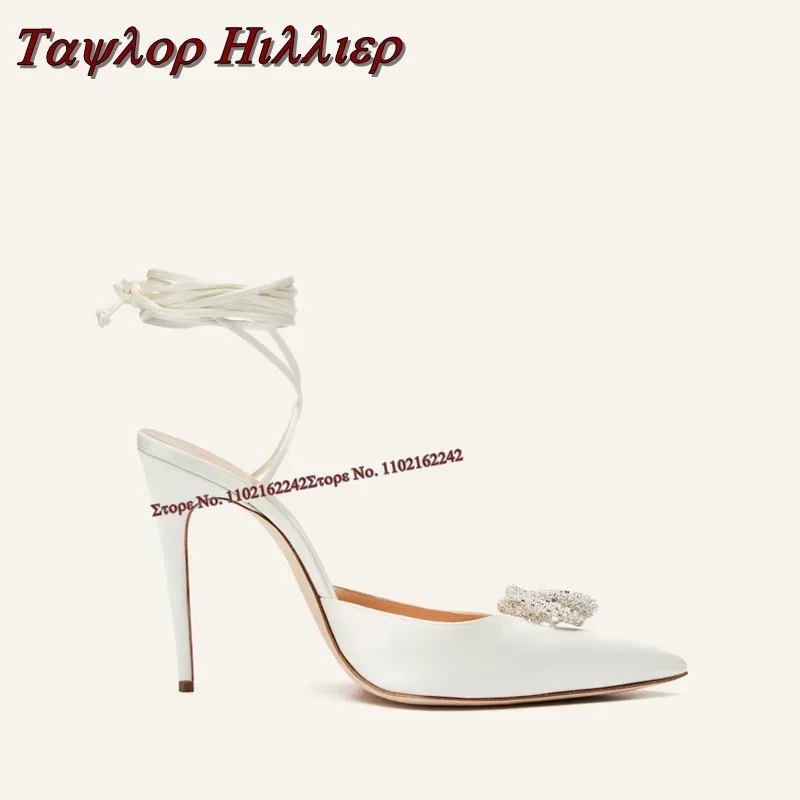 Spring Pointed Toe Round Buckle Rhinestone Pumps Simple Stiletto Cross Strap Satin High Heels Fashion Banquet Wedding Sandals