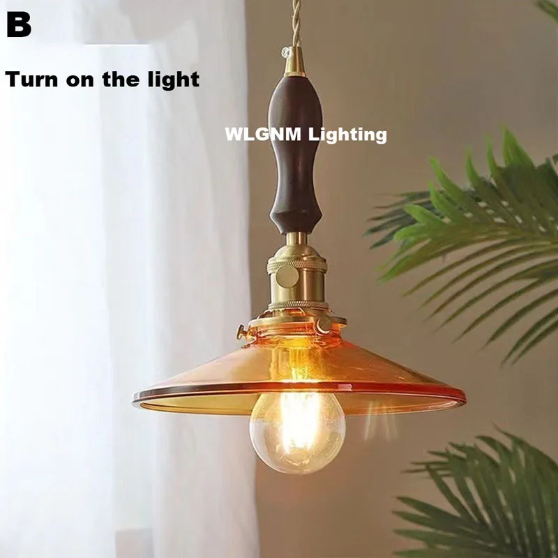Nordic Wooden Glass Pendant Lights Vintage Chandeliers Bedroom Living Room Dining Room Copper Lamp Japanese Hanglamp Luminaria