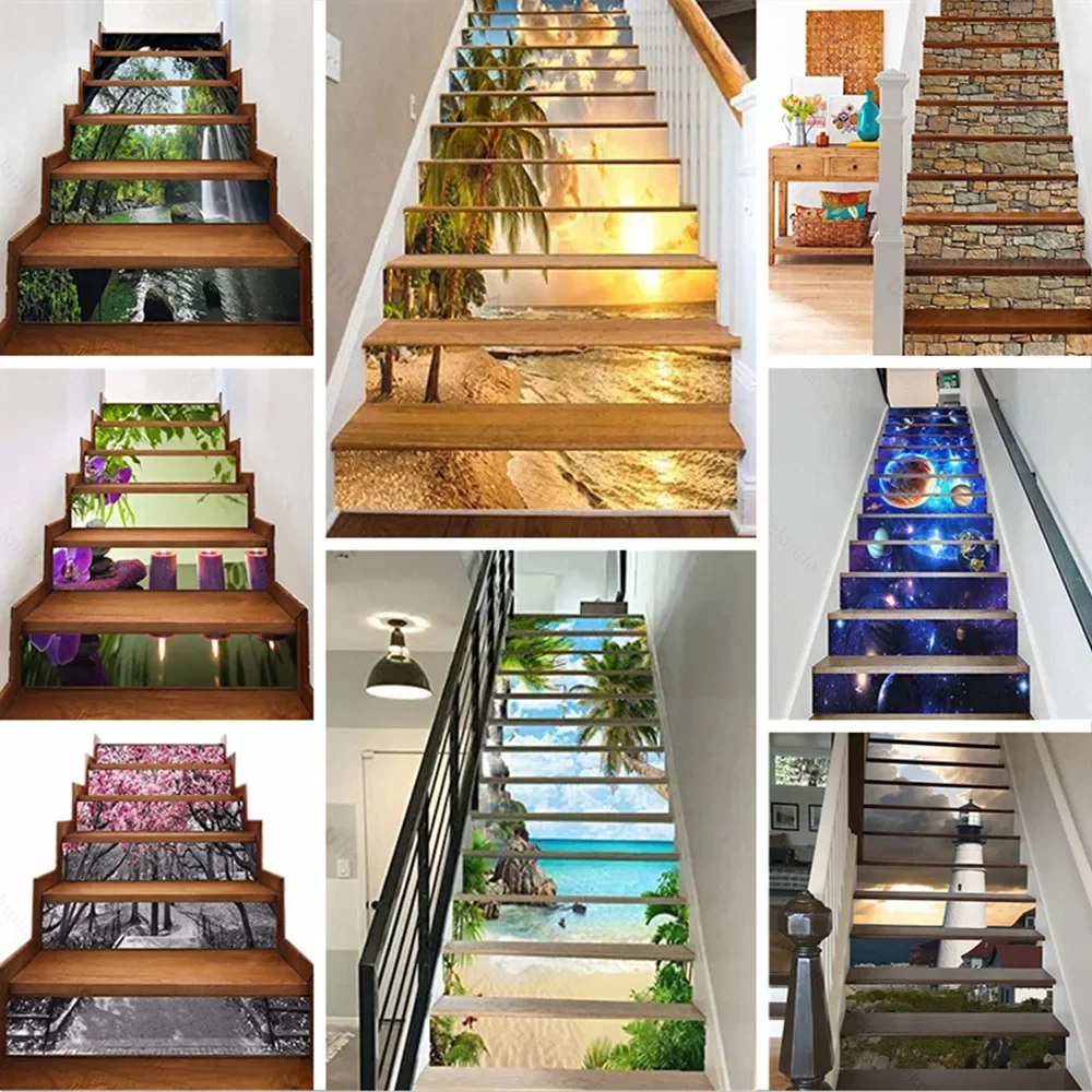 6/13pcs Self-adhesive Stair Sticker Landscape Planet Bookcase Vinyl Removable 3D Staircase Decor Bamboo Decals PVC Home Decor