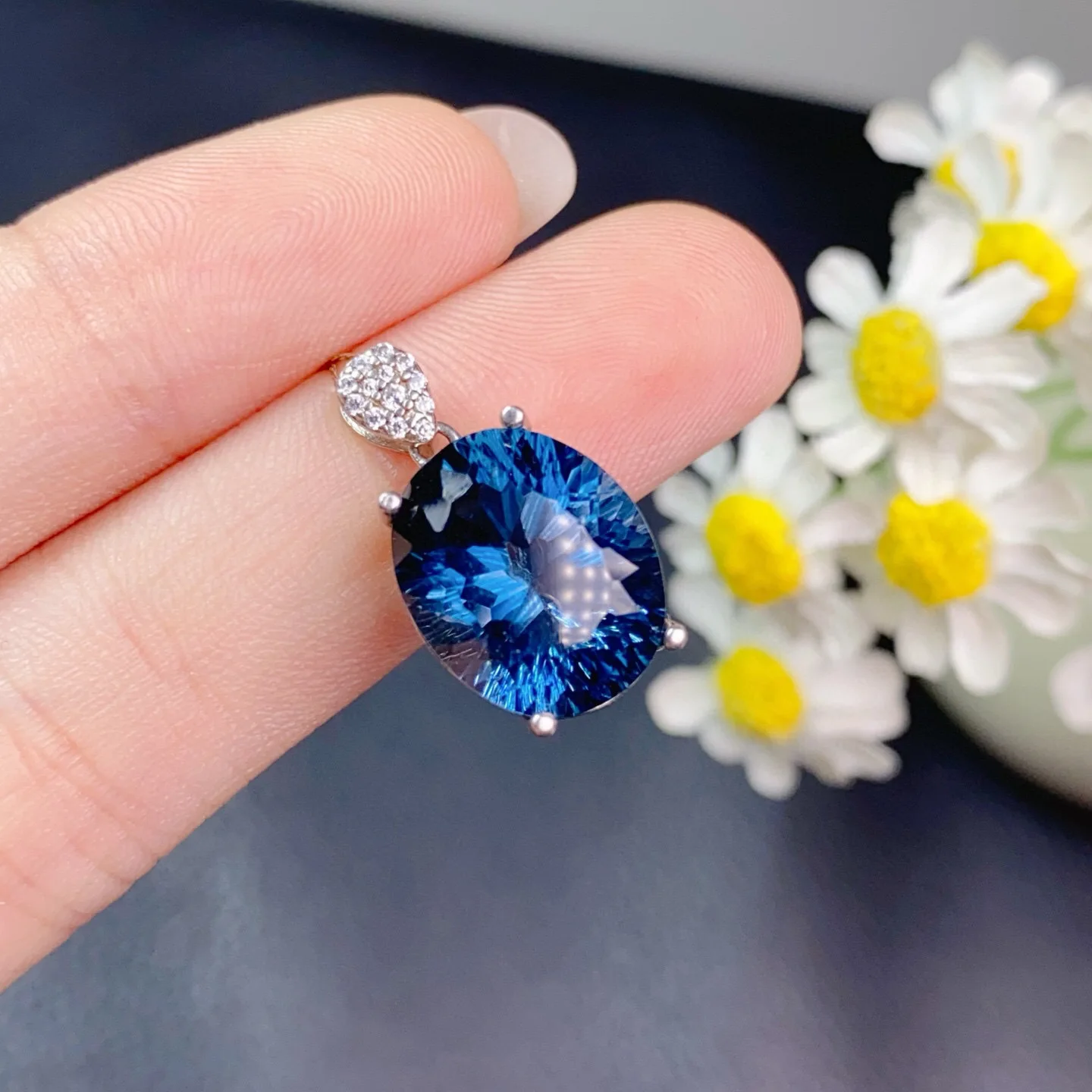 

925 Silver Natural London Blue Topaz Pendant Necklace, 11x14mm Eye-Clean Gemstone with Certificate, Deep Blue Jewelry Gift