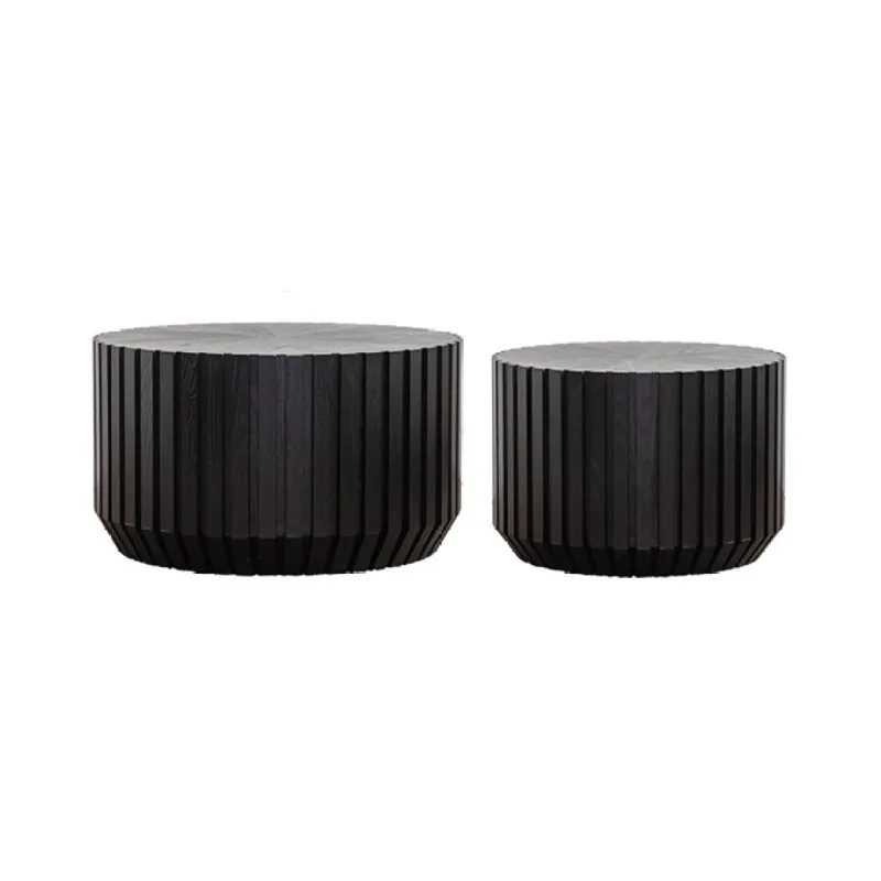 Black Ribbed Round Nesting Coffee Table Set Modern Living Room Side Table Wooden Center Table for Home Office Decor Furniture
